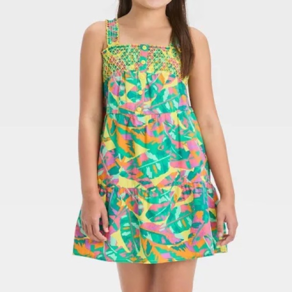 Cat & Jack Girls’ Sleeveless Woven Tropical Dress - Vibrant Leaf